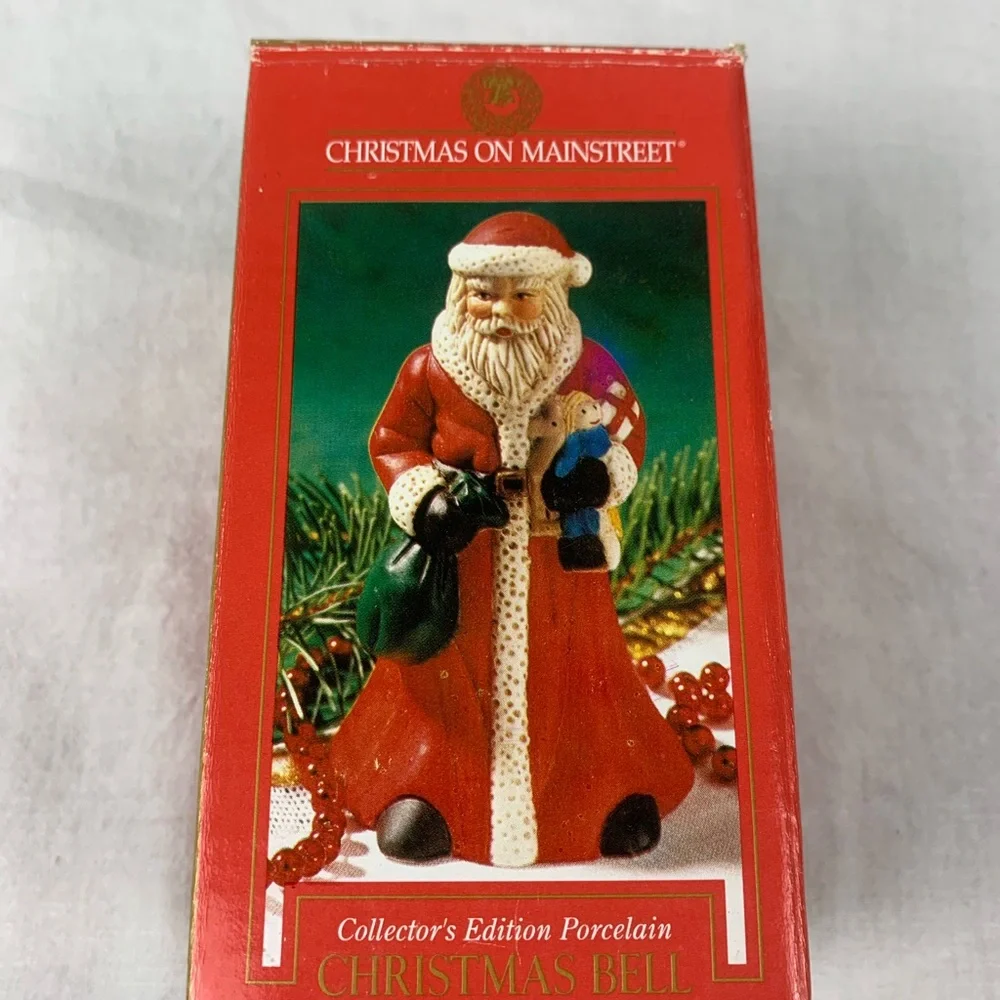 Vintage Charming Santa Claus Bell Figurine w/ Red Coat Green Bag In Original Box